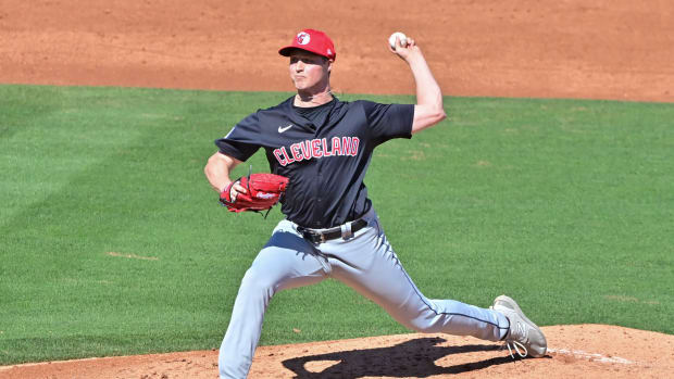 Feb 29, 2024; Tempe, Arizona, USA; Cleveland Guardians relief pitcher Tim Herrin (29) throws in the third inning against the Los Angeles Angels during a spring training game at Tempe Diablo Stadium. Mandatory Credit: Matt Kartozian-USA TODAY Sports